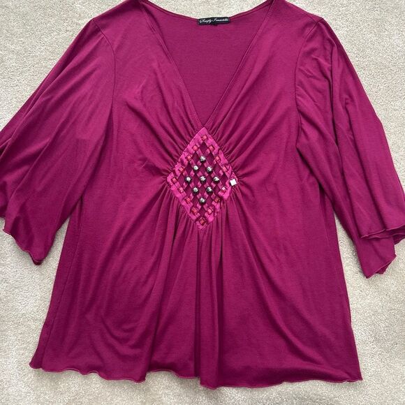 Ashley Stewart Magenta V-Neck Blouse with Embellished Front - Picture 1 of 3